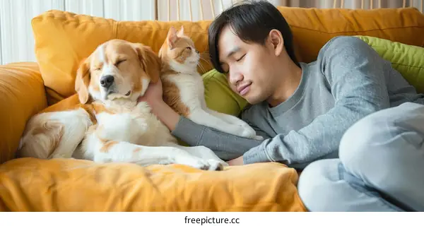 A man is sleeping on the couch with a dog and a cat