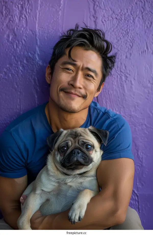 Asian man with short black hair and mustache smiling while holding a pug dog in front of purple background