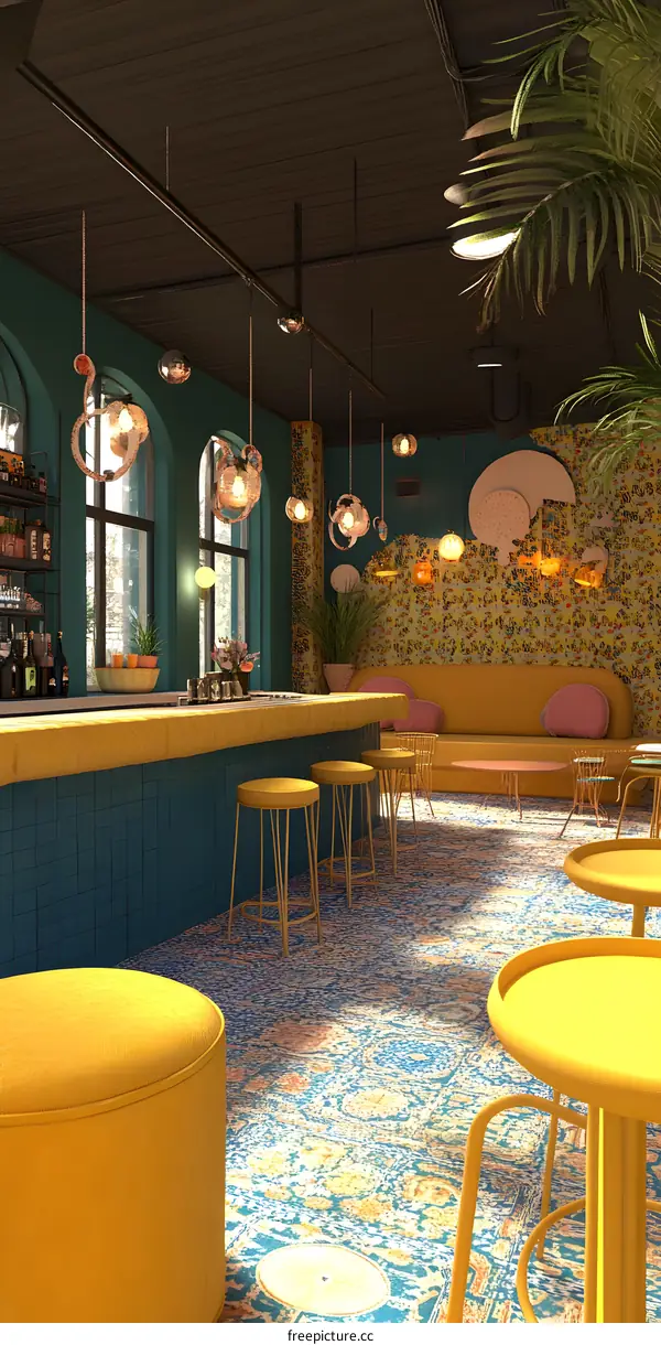 Modern Bar Interior Design with Yellow and Teal Colors