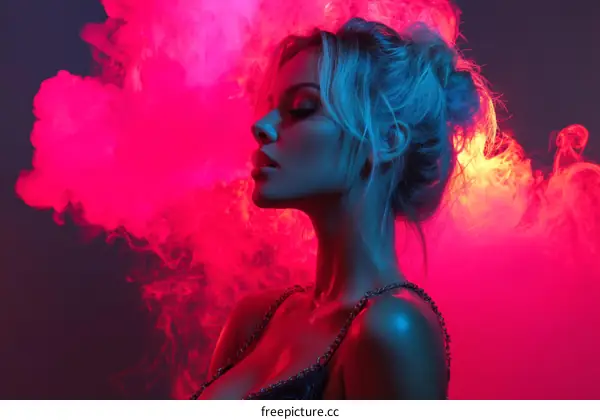 Glamorous Woman in Vibrant Neon Smoke Portrait