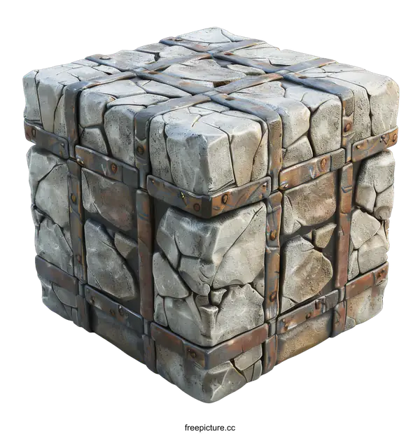 [Transparent Background PNG]Stone and metal fantasy cube on a black background