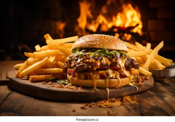 Cheeseburger and Fries by the Fireplace