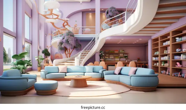 A modern living room with a curved staircase and a large pink tree
