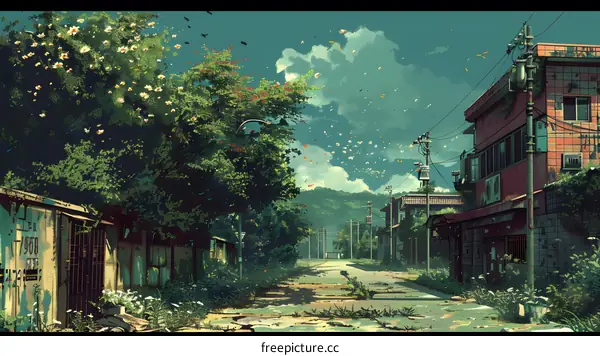 Empty Street With Buildings And Trees