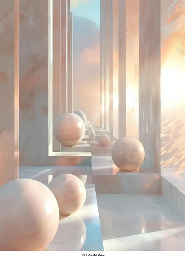 Pink and White Surreal Hallway with Spheres