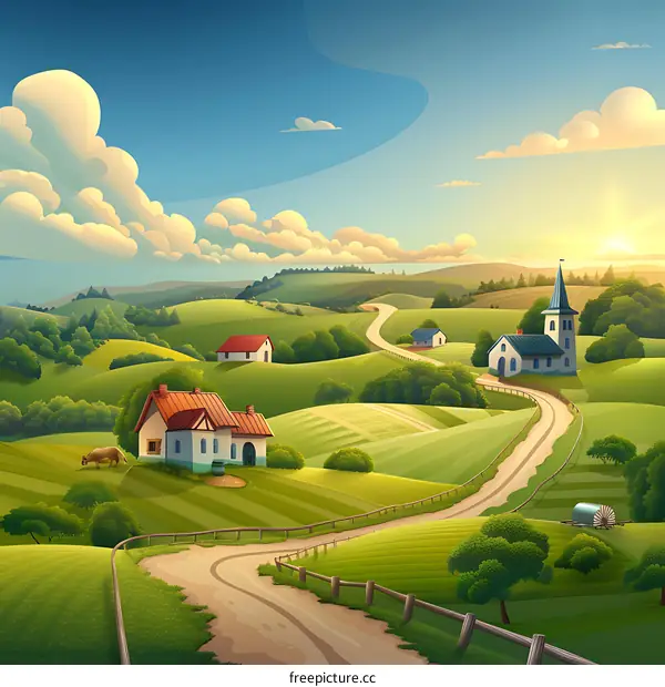Beautiful Rural Landscape with Winding Road and Church
