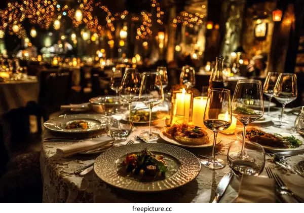 Elegant Dinner Table Setting in a Luxurious Restaurant