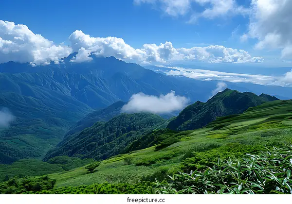 Green mountain range under blue sky and white clouds