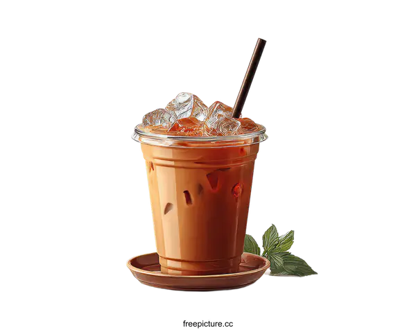 [Transparent Background PNG]Refreshing Iced Milk Tea with Ice Cubes and Straw