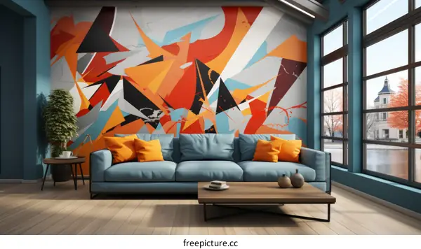 Blue couch in front of graffiti wall