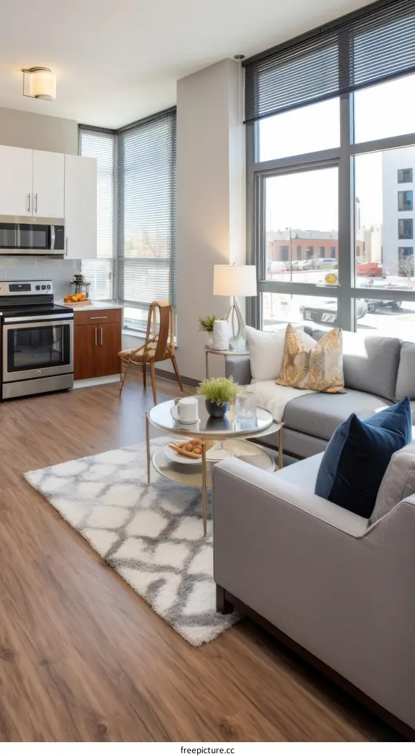 Modern apartment living room with large windows and stylish furniture