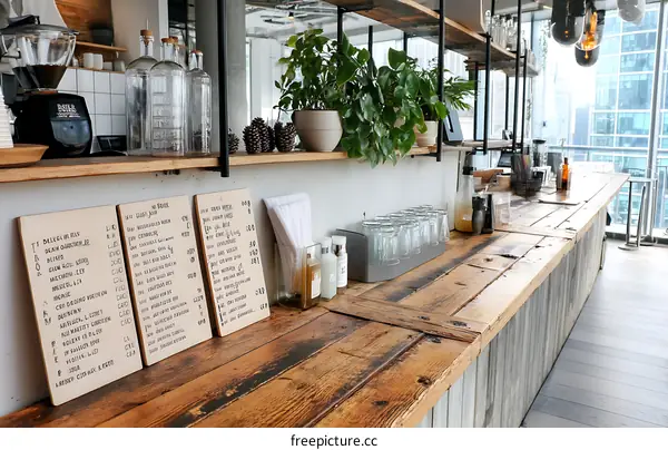 Rustic Wooden Bar Counter with Menu Boards