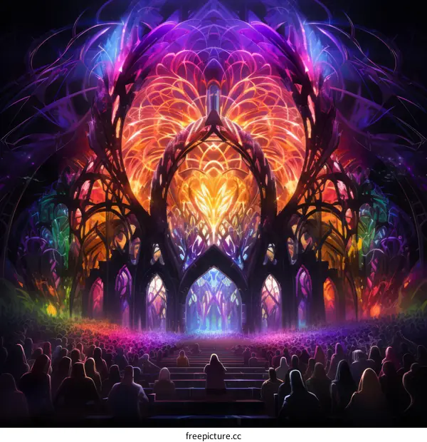 Mystical Cathedral Interior with Stained Glass and Congregation