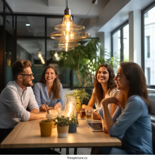 Four people sitting around a table talking and laughing