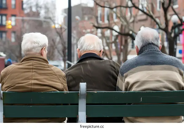 Three Elderly Men Sitting on a Bench in the City
