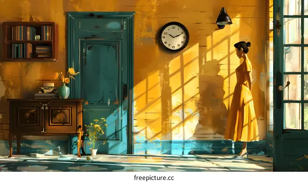Woman in Yellow Dress in a Sunlit Room