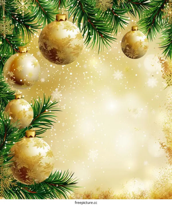 Golden Christmas Ornaments and Sparkling Snowflakes