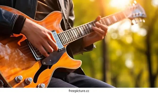 Close-up of a person playing the guitar