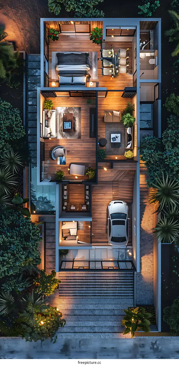 Top view of a three-story modern house