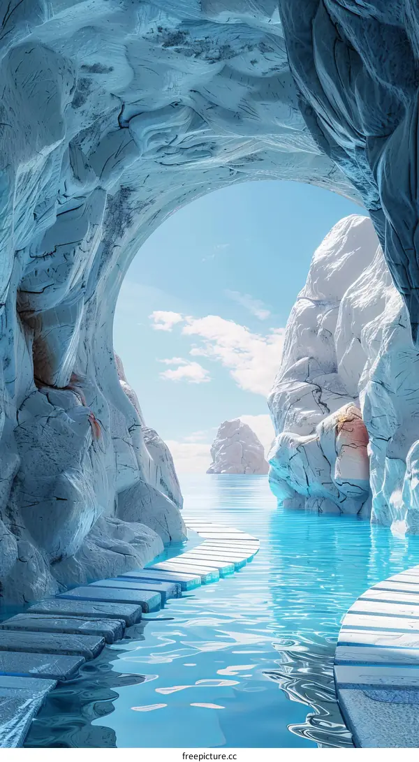 3D Rendered Cave Entrance With Blue Water