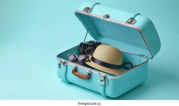 Blue suitcase with a straw hat, sunglasses, and camera
