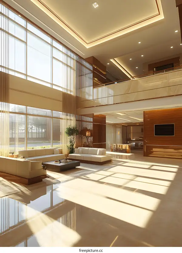 Modern Interior Design of Luxury Lobby with Large Windows and High Ceiling
