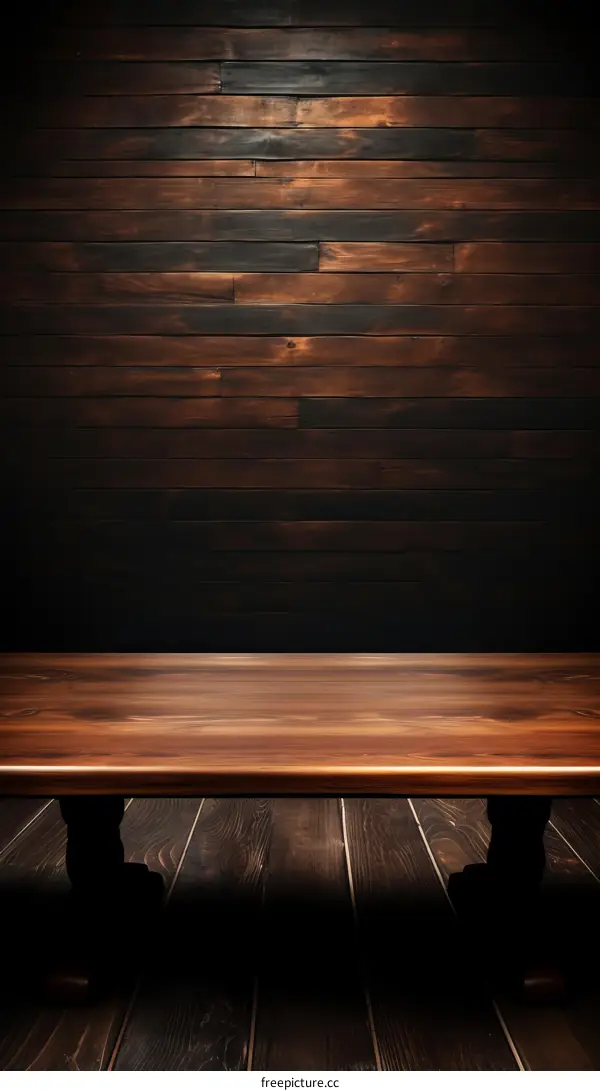 An empty wooden table against a dark wood background