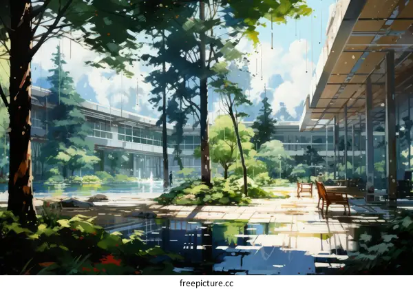 Courtyard with trees and a fountain in the middle