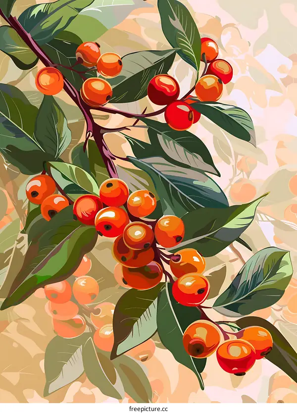 Orange and Green Berries with Leaves Illustration