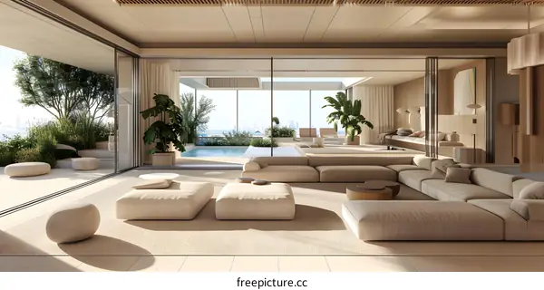 Bright and airy living room with large windows and a swimming pool