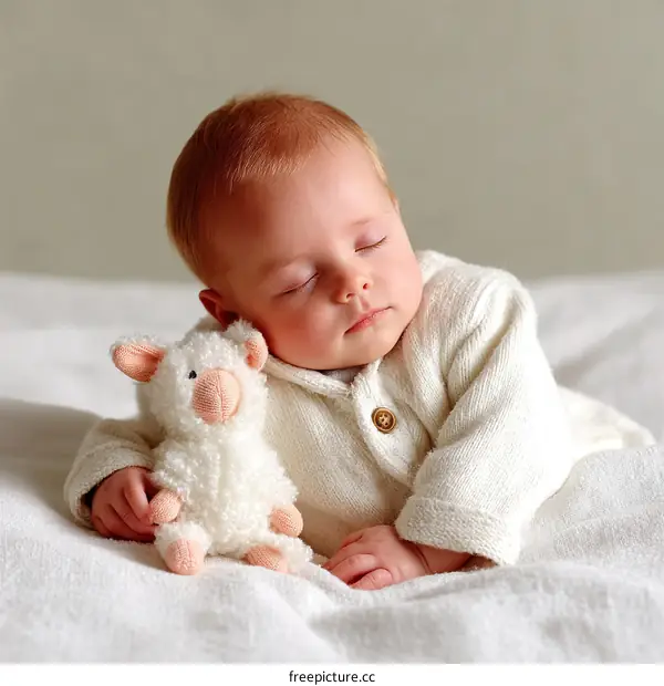 Peaceful Baby Sleeping with Lamb Plush Toy