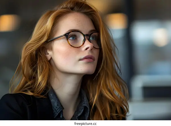 portrait of a beautiful young woman with red hair and freckles wearing glasses
