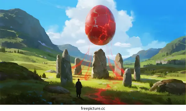 Giant Red Egg Floating Over Stone Circle in Green Valley