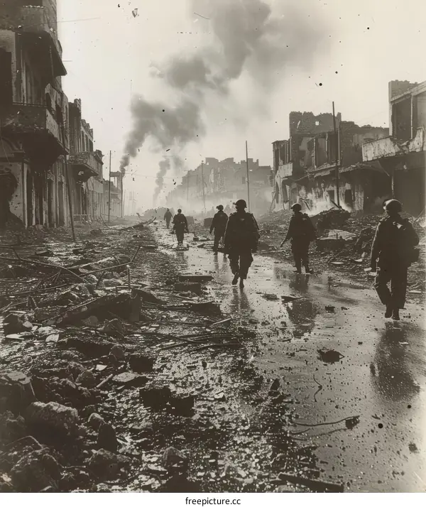 American soldiers walking through the destroyed city of Aachen, Germany, during World War II