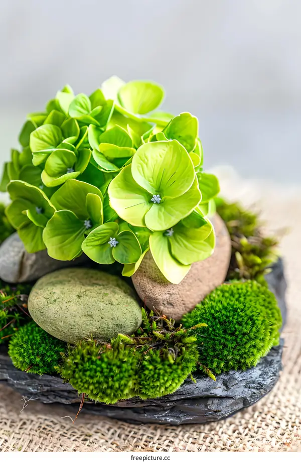 Green Hydrangea Flowers In A Pot With Moss And Rocks
