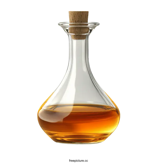 [Transparent Background PNG]Clear Glass Decanter with Amber Liquid and Cork