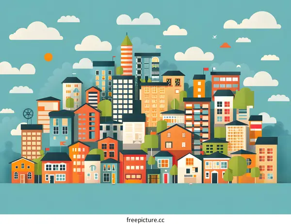 Colorful Cityscape Illustration with Buildings and Clouds