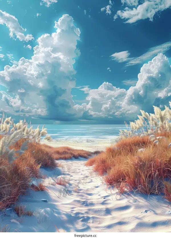 White Sand Beach with Yellow Grass Dunes Under Blue Sky