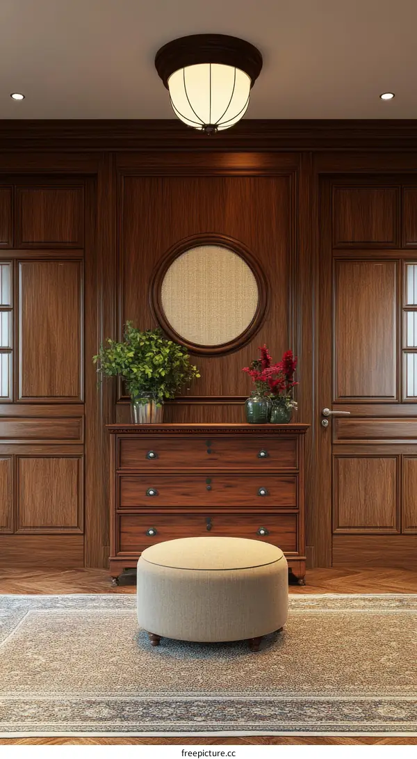 Classic Wooden Interior Design with Round Ottoman