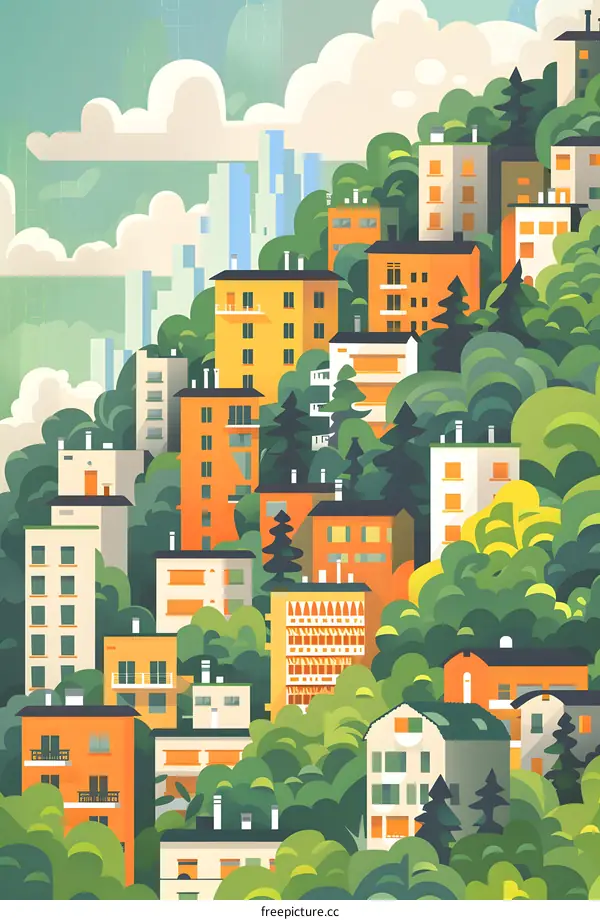 Illustration of a Cityscape with Buildings and Trees