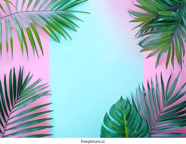 Tropical Leaves on Pink and Blue Background