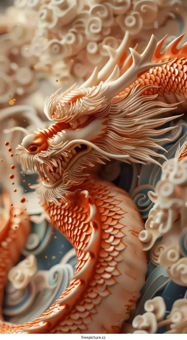 A 3D rendering of a Chinese dragon sculpture with white and red scales and white and orange fins.