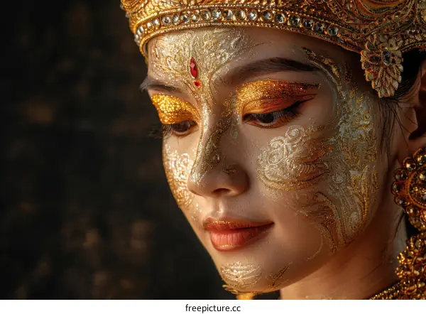 Portrait of a Thai woman wearing a traditional headdress and makeup