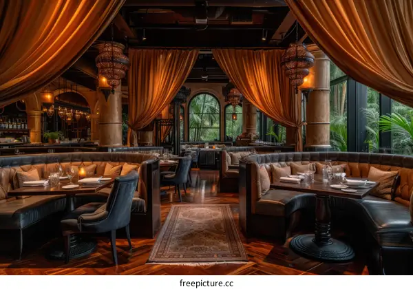 elegant restaurant interior with warm lighting and comfortable seating