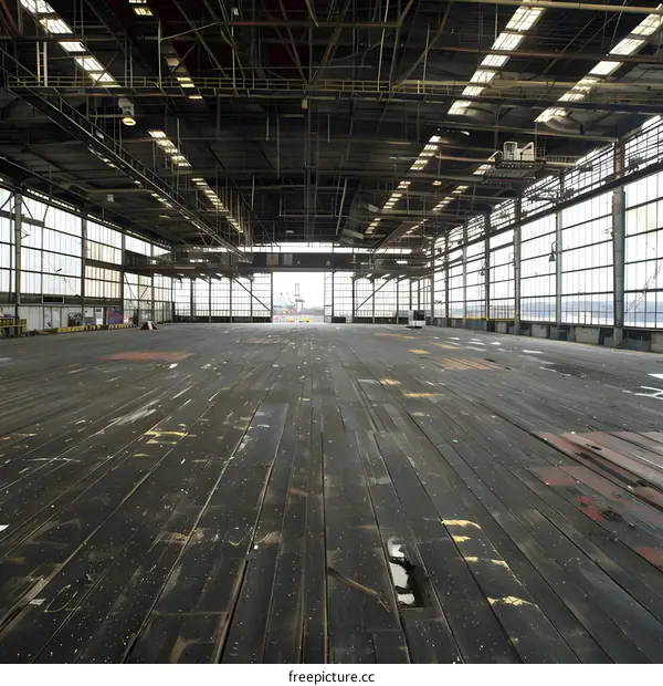 Large Empty Industrial Warehouse with Wooden Floor and Windows
