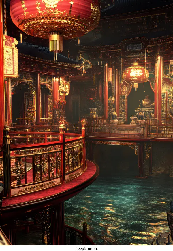 Chinese Palace Interior With Red Lanterns And Gold Decorations