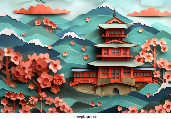 A Traditional Japanese House in a Mountainous Landscape with Cherry Blossoms