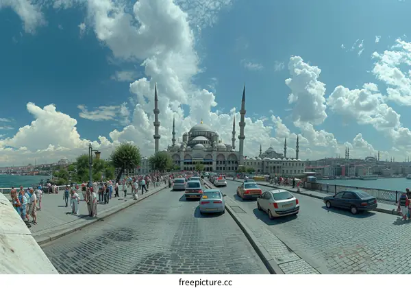 Crowds of people crossing a bridge with a view of the Blue Mosque in the background