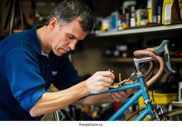 Man Working on Blue Bicycle in Workshop