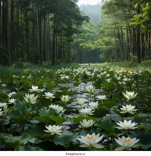 The water lilies are in full bloom in the middle of the forest
